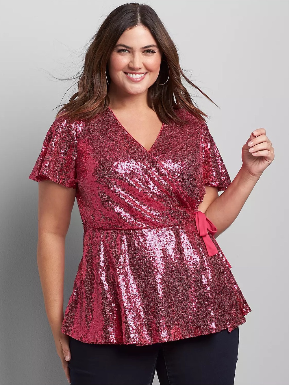 NWT Lane Bryant Faux-Wrap Sequin Top, Size 18/29, Pink Peacock